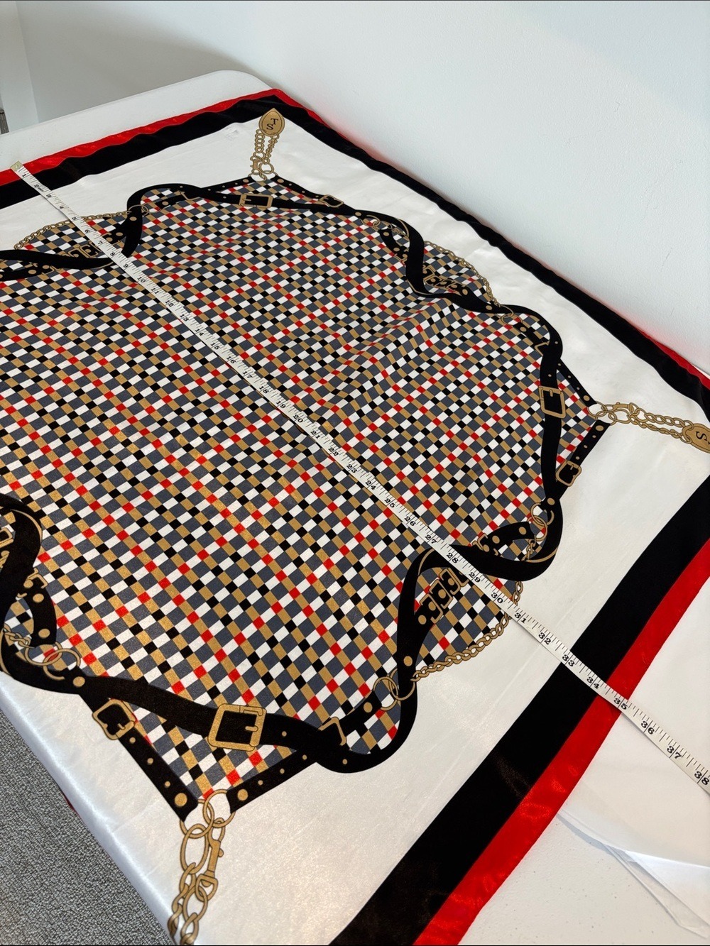 Vintage satin equestrian print neck scarf geometric & chain print red white blue - Picture 10 of 11